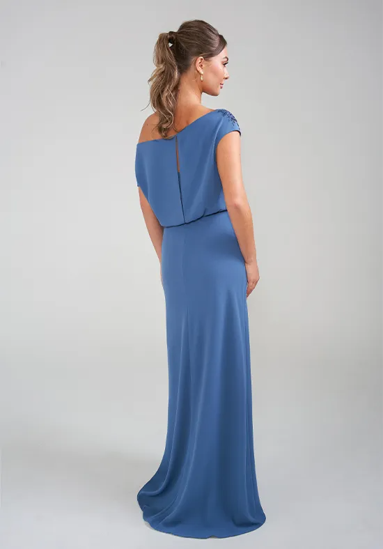 Elegant Chiffon Sheath Off-Shoulder Draped Floral Applique Floor-Length Mother of the Bride Gown
