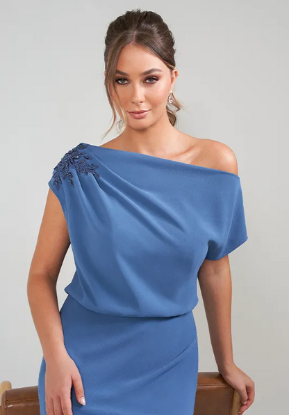 Elegant Chiffon Sheath Off-Shoulder Draped Floral Applique Floor-Length Mother of the Bride Gown