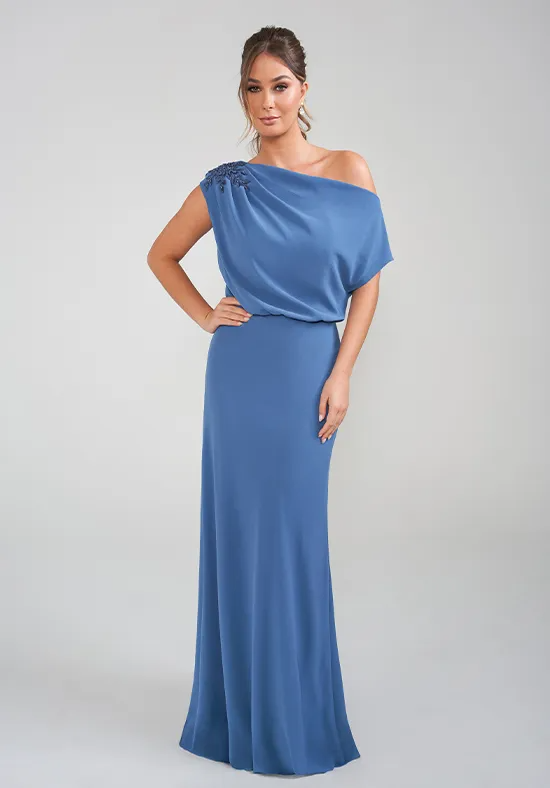 Elegant Chiffon Sheath Off-Shoulder Draped Floral Applique Floor-Length Mother of the Bride Gown
