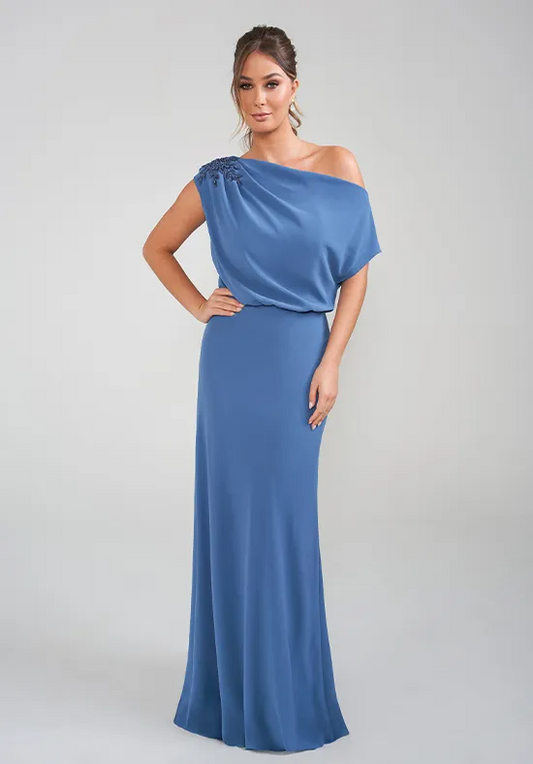 Off-the-Shoulder Draped Bodice Floral Applique Floor-Length Mother of the Bride Dresses