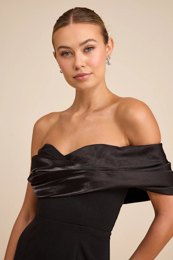Off-the-Shoulder Evening Dresses with Satin Draped Detail, Sweetheart Neck and High Slit Formal Gown