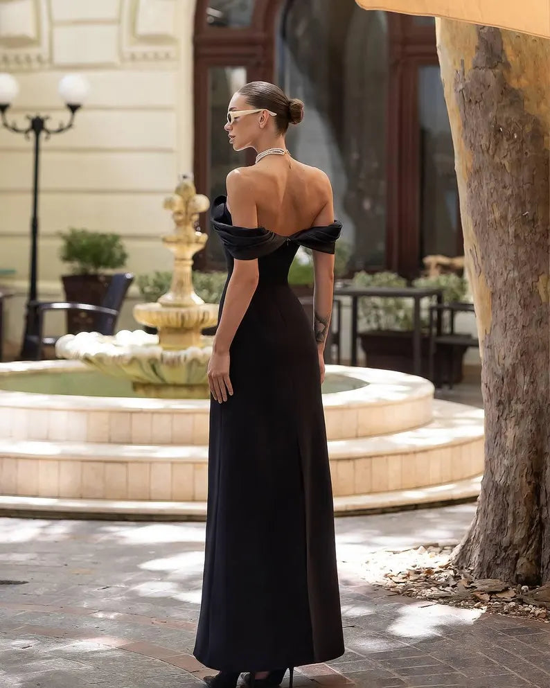 Off-the-Shoulder Evening Dress with Satin Draped Detail, Side Pocket and Back Slit