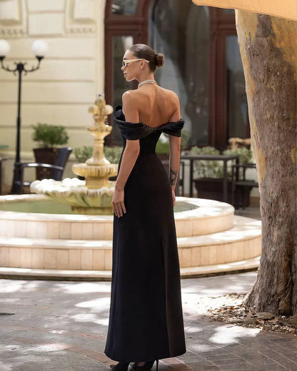 Off-the-Shoulder Evening Dress with Satin Draped Detail, Side Pocket and Back Slit