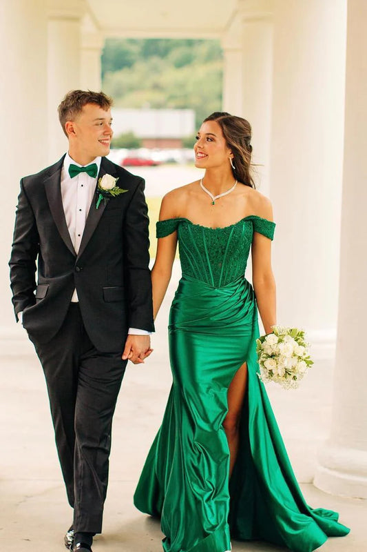 Off-the-Shoulder Lace Corset Satin Mermaid Evening Dress with Slit