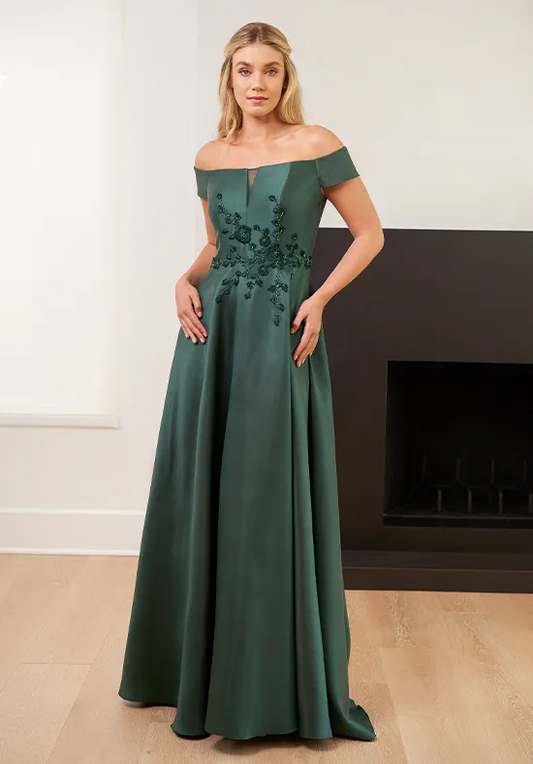 Off-the-Shoulder Satin Beaded Floral A-Line Floor-Length Mother of the Bride Dresses