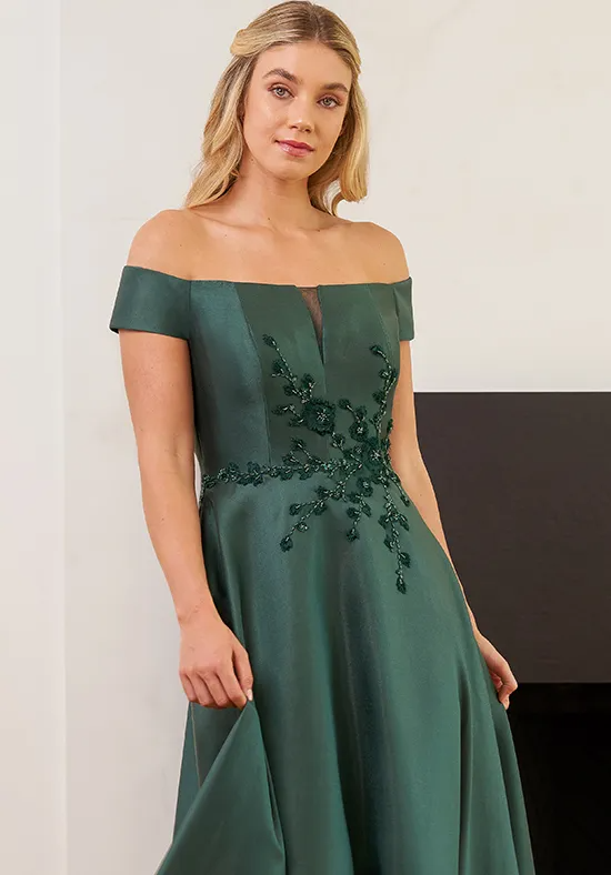 Elegant Satin A-Line Off-Shoulder Beaded Floral Floor-Length Mother of the Bride Dress