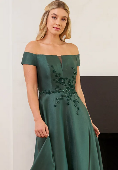 Elegant Satin A-Line Off-Shoulder Beaded Floral Floor-Length Mother of the Bride Dress