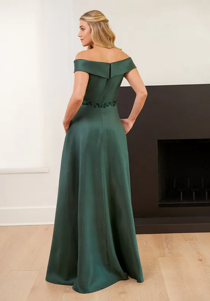 Elegant Satin A-Line Off-Shoulder Beaded Floral Floor-Length Mother of the Bride Dress