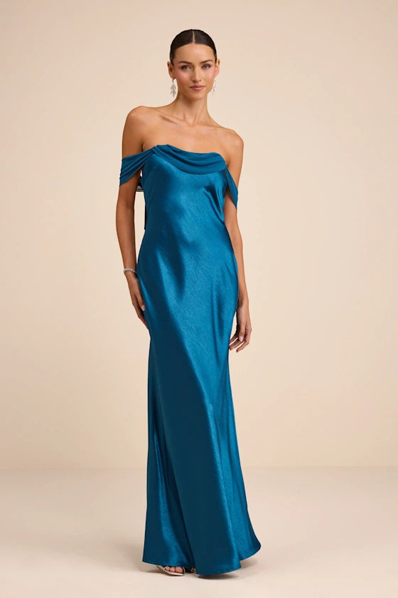 Off-the-Shoulder Satin Evening Dresses with Chiffon Overlay, Back Bow Detail and Floor-Length Formal Gown