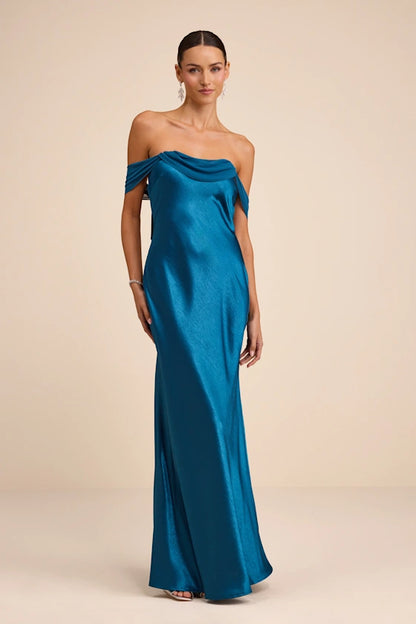 Off-the-Shoulder Satin Evening Dresses with Chiffon Overlay, Back Bow Detail and Floor-Length Formal Gown