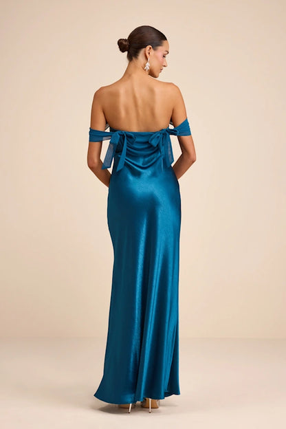Off-the-Shoulder Satin Evening Dresses with Chiffon Overlay, Back Bow Detail and Floor-Length Formal Gown