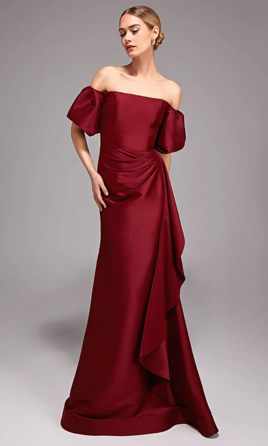 Off-the-Shoulder Satin Mermaid Puff Sleeve Waist Drape Mother of the Bride Dress