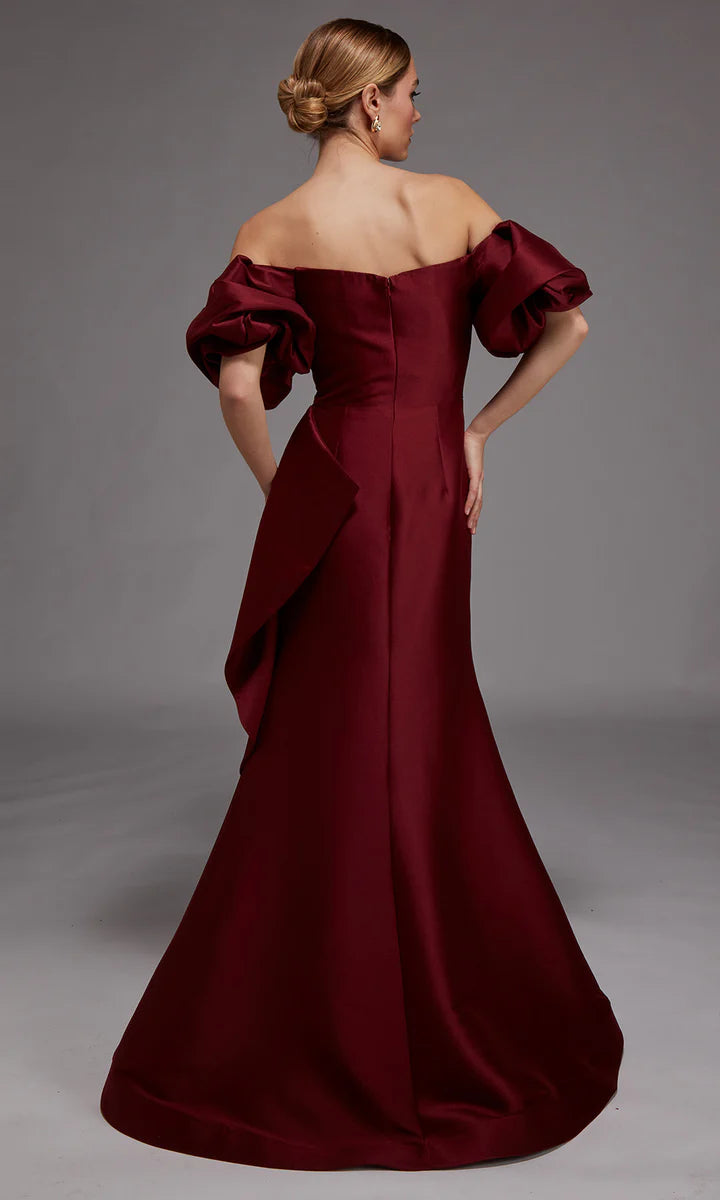 Off-the-Shoulder Satin Mermaid Puff Sleeve Waist Drape Mother of the Bride Dress