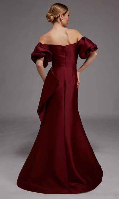 Off-the-Shoulder Satin Mermaid Puff Sleeve Waist Drape Mother of the Bride Dress