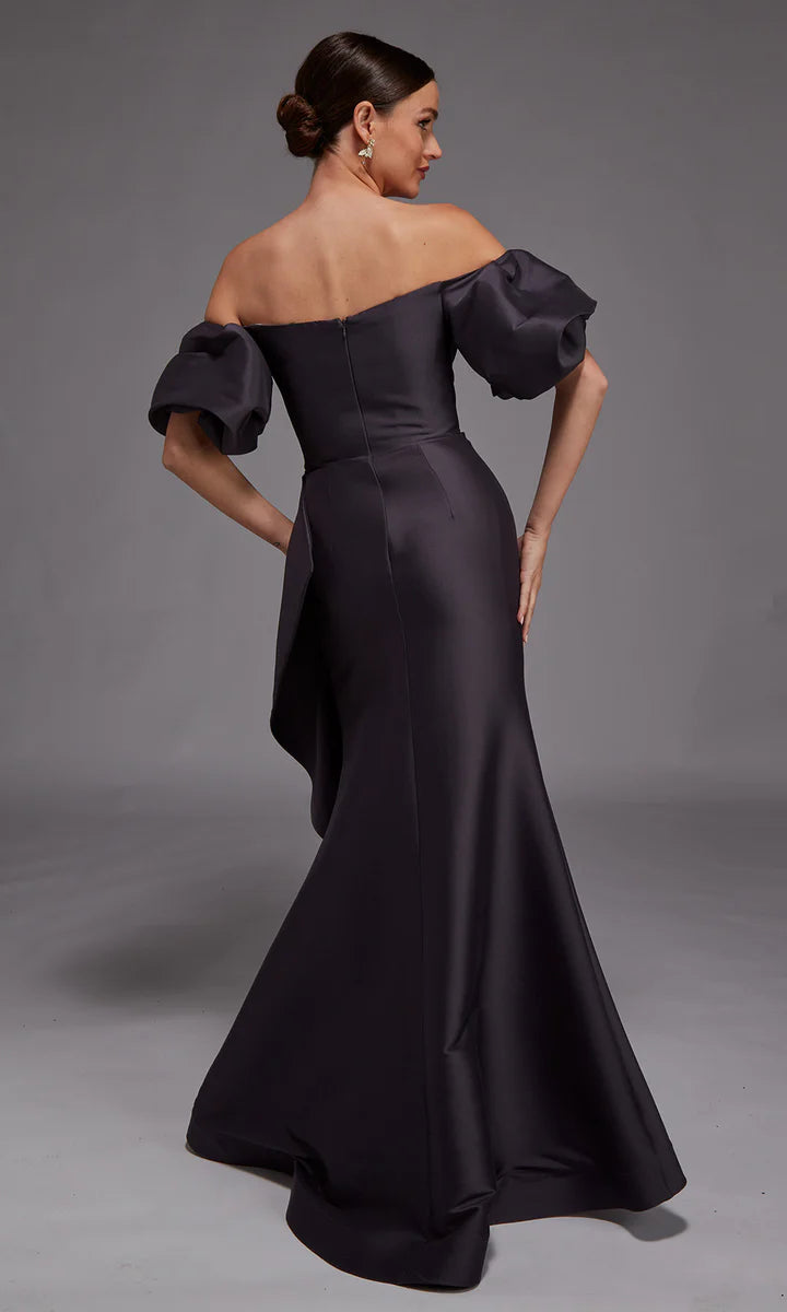 Off-the-Shoulder Satin Mermaid Puff Sleeve Waist Drape Mother of the Bride Dress