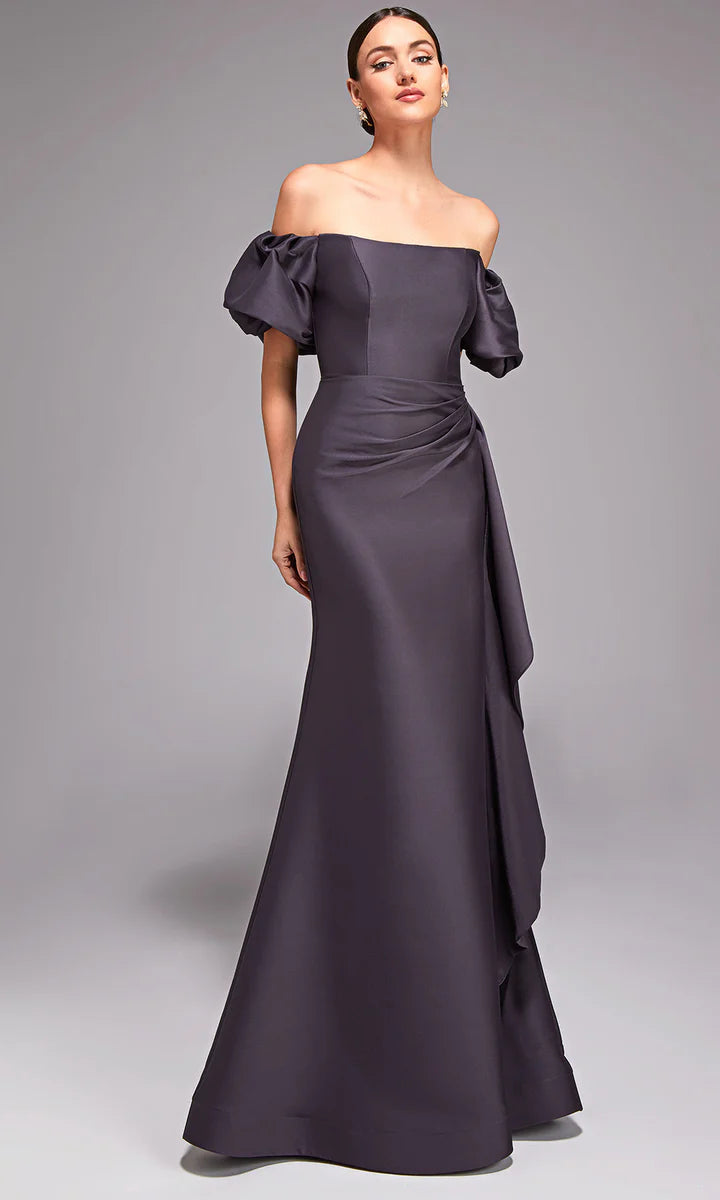 Off-the-Shoulder Satin Mermaid Puff Sleeve Waist Drape Mother of the Bride Dress