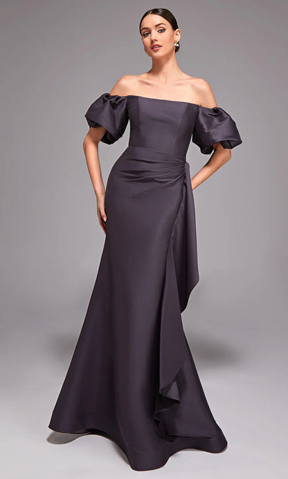Off-the-Shoulder Satin Mermaid Puff Sleeve Waist Drape Mother of the Bride Dress