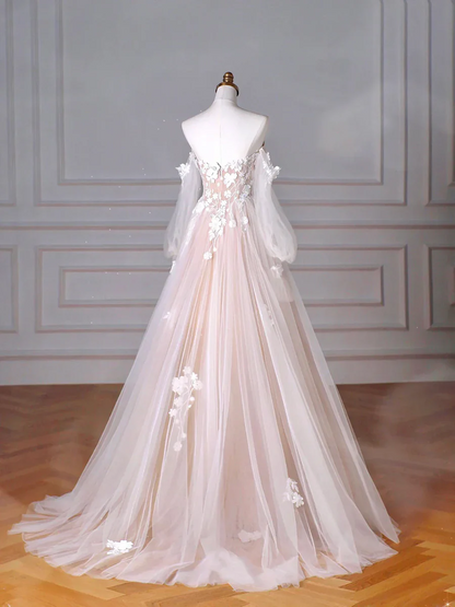 Ethereal Tulle A-Line Off-Shoulder Sweetheart Long Sleeve Floral Blush Prom Dress