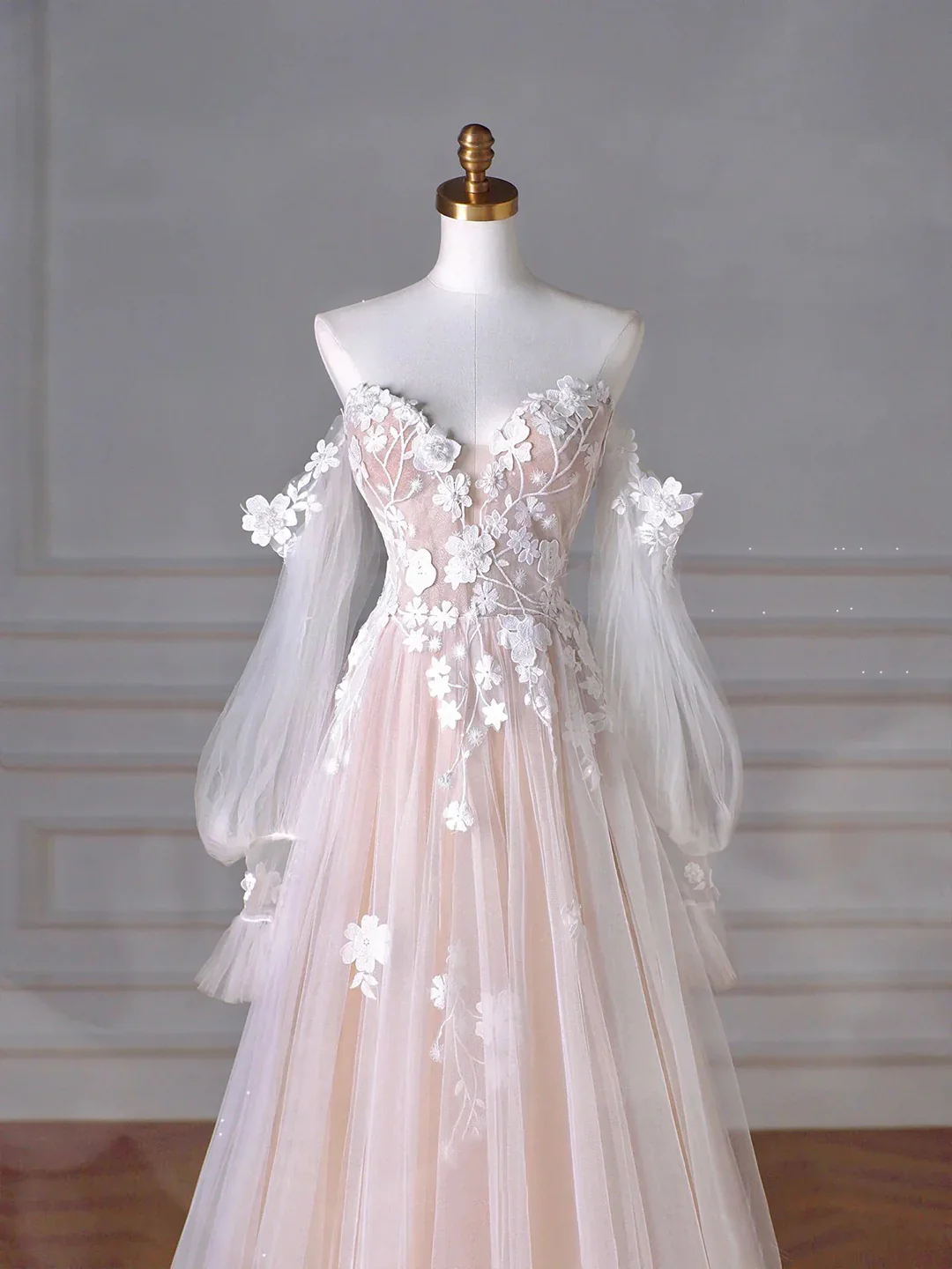 Ethereal Tulle A-Line Off-Shoulder Sweetheart Long Sleeve Floral Blush Prom Dress