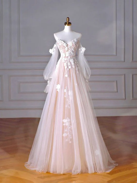 Ethereal Tulle A-Line Off-Shoulder Sweetheart Long Sleeve Floral Blush Prom Dress