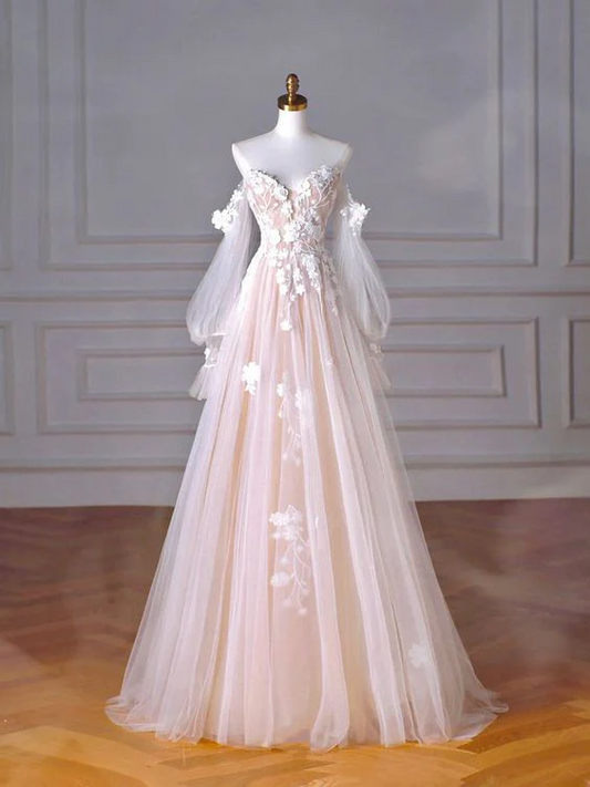 Off-the-Shoulder Sweetheart Neck Long Sleeve Tulle A-Line Prom Dresses