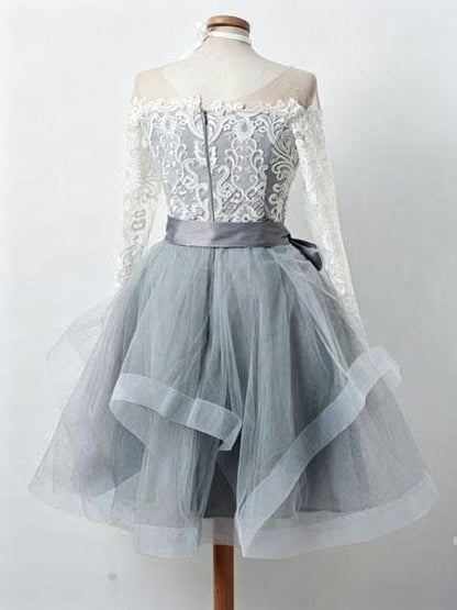 Off Shoulder Lace Long Sleeve Satin Bow Tiered Tulle Short Homecoming Dresses