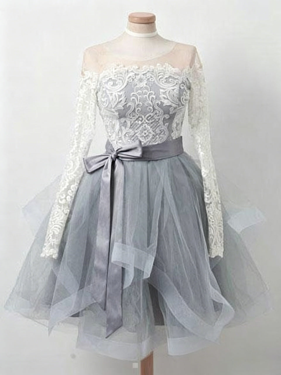 Off Shoulder Lace Long Sleeve Satin Bow Tiered Tulle Short Homecoming Dresses