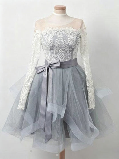 Off Shoulder Lace Long Sleeve Satin Bow Tiered Tulle Short Homecoming Dresses
