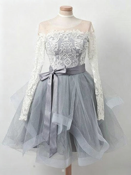 Off Shoulder Lace Long Sleeve Satin Bow Tiered Tulle Short Homecoming Dresses