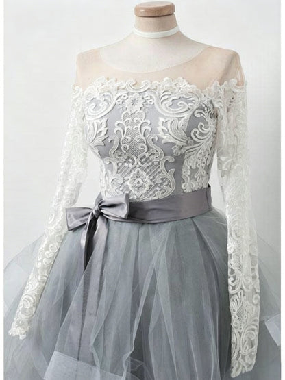 Off Shoulder Lace Long Sleeve Satin Bow Tiered Tulle Short Homecoming Dresses