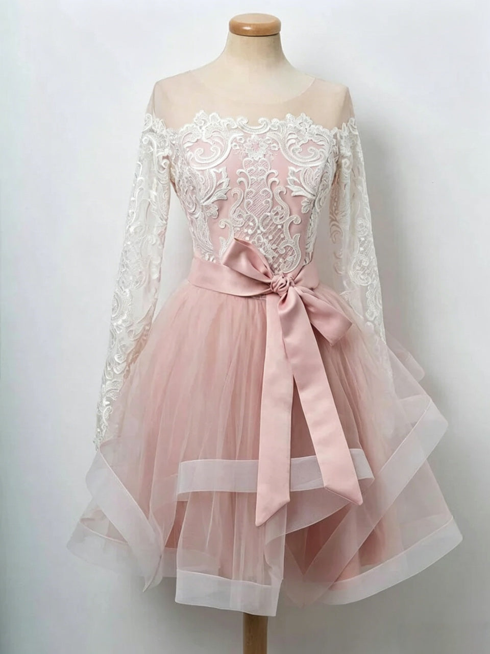 Off Shoulder Lace Long Sleeve Satin Bow Tiered Tulle Short Homecoming Dresses
