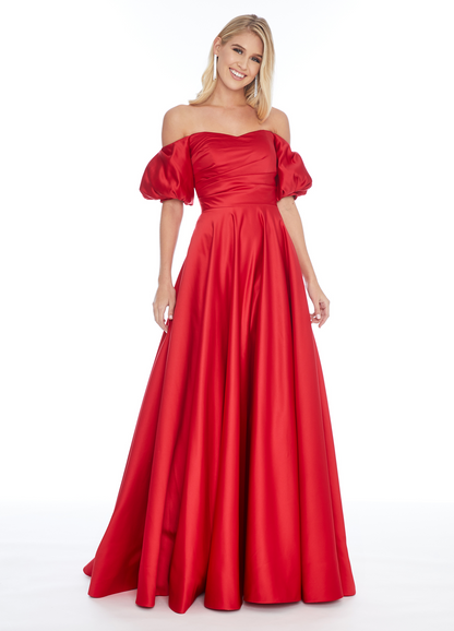 Off Shoulder Puff Sleeve Satin A Line Prom Dress