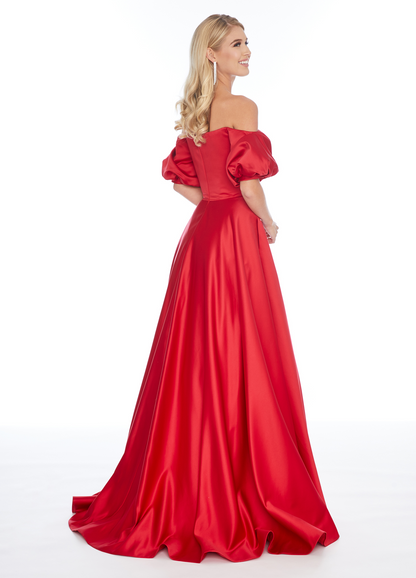 Off Shoulder Puff Sleeve Satin A Line Prom Dress