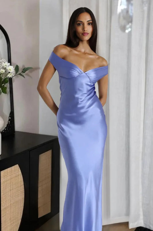 Off Shoulder Ruched Satin Prom Dress Open Back Mermaid Maxi Formal Evening Wedding Guest Gown