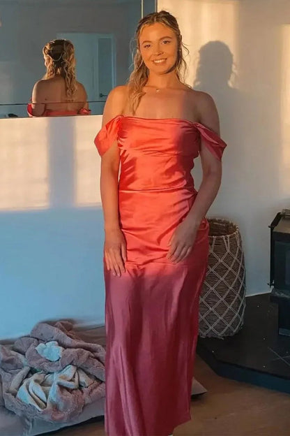 Off Shoulder Satin Prom Dress Draped Neckline Sleeveless Maxi Formal Evening Wedding Guest Gown