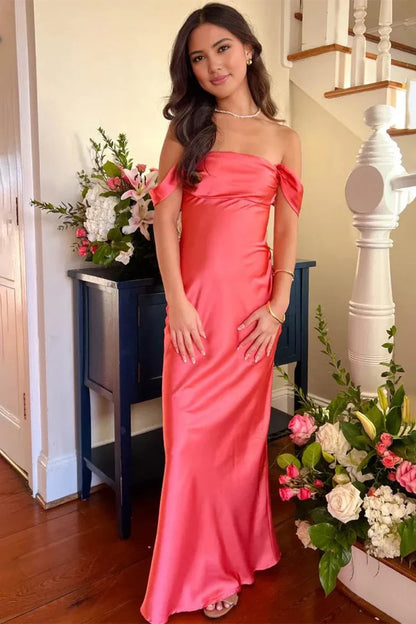 Off Shoulder Satin Prom Dress Draped Neckline Sleeveless Maxi Formal Evening Wedding Guest Gown