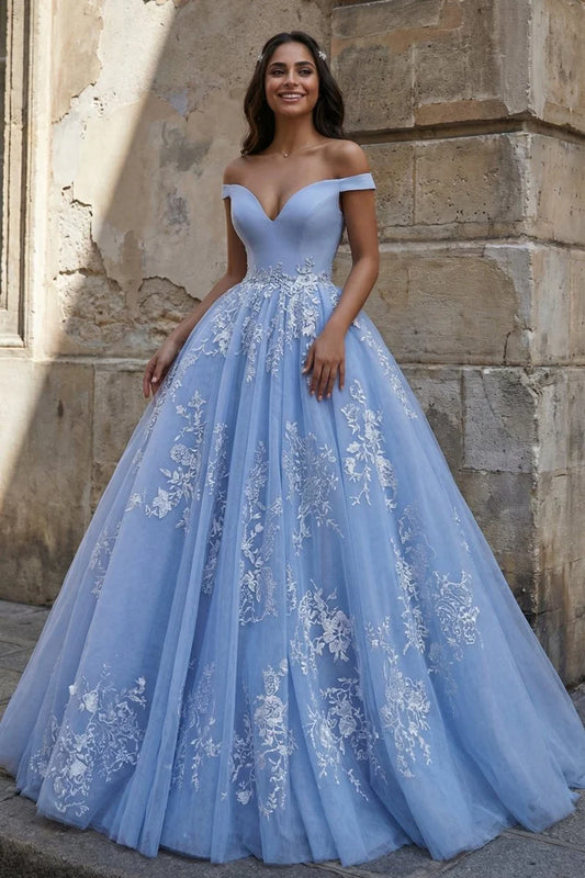 Off Shoulder V Neck Lace Applique Tulle Prom Dress Ball Gown Sweep Train Formal Evening Wedding Gown