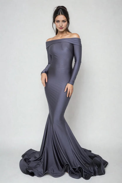 Off shoulder collar long sleeved mermaid and floor length evening dress