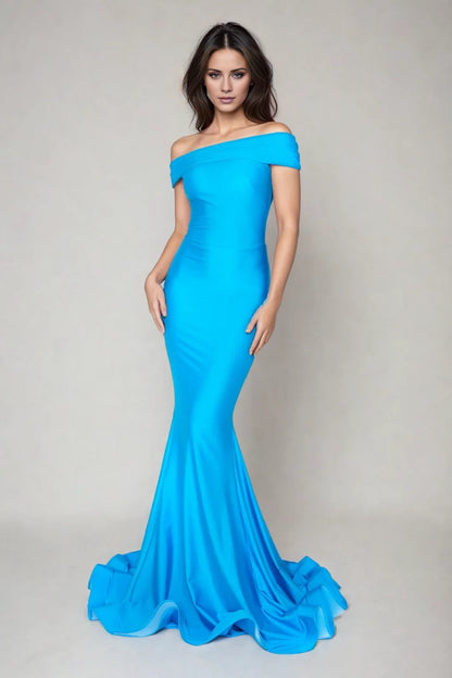 Off shoulder collar sleeveless backless mermaid and floor length evening dress