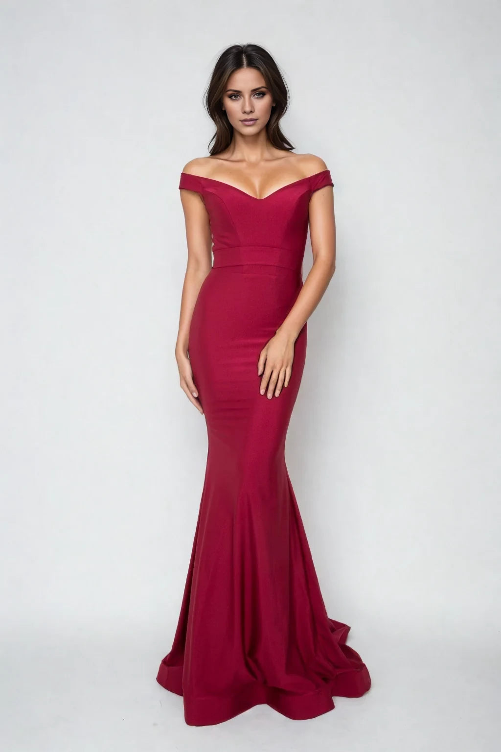 Off shoulder collar sleeveless backless mermaid and floor length evening dress
