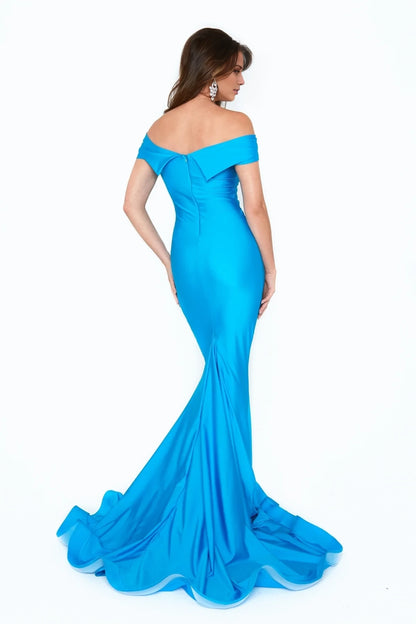 Off shoulder collar sleeveless backless mermaid and floor length evening dress