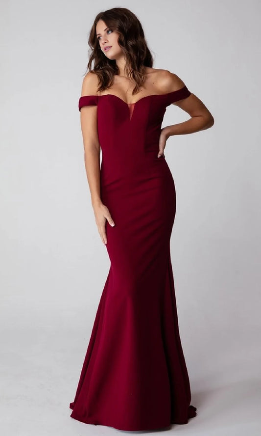 Off shoulder collar sleeveless backless side slit and floor length Prom dress