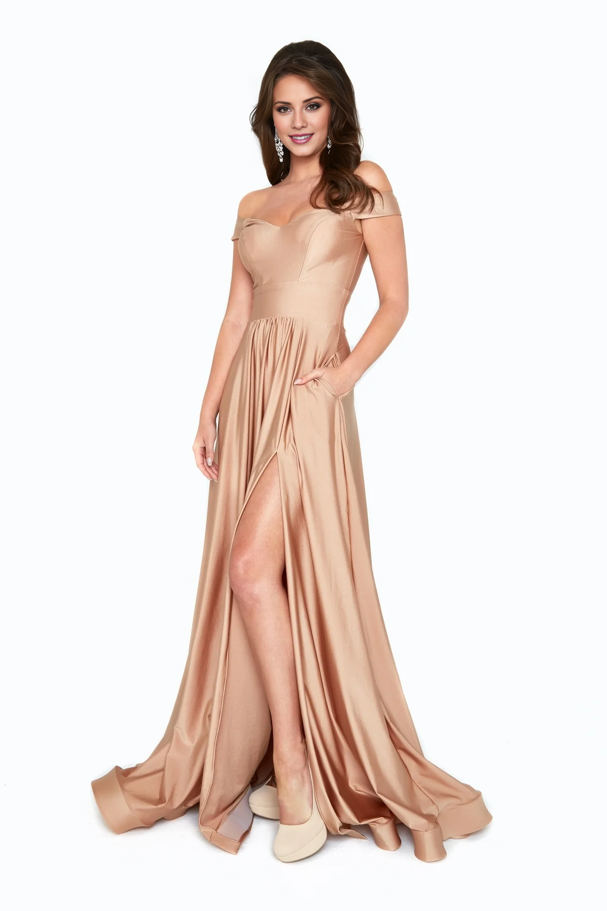 Off shoulder collar sleeveless backless side slit and floor length evening dress
