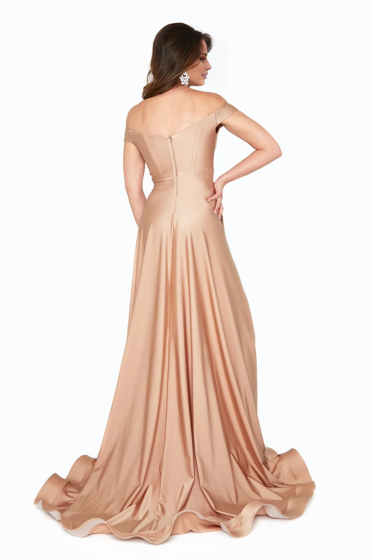Off shoulder collar sleeveless backless side slit and floor length evening dress