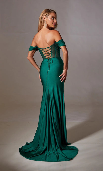 Off shoulder collar sleeveless backless side slit and floor length evening dress