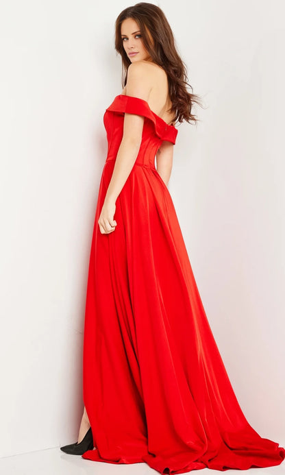 Off shoulder collar sleeveless backless side slit and floor length evening dress