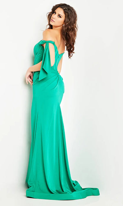 Off shoulder collar sleeveless lace up shoulder exposed back side slit and floor length evening dress