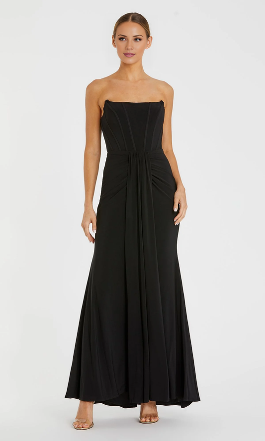 Off shoulder collar sleeveless strapless backless and floor length evening dress