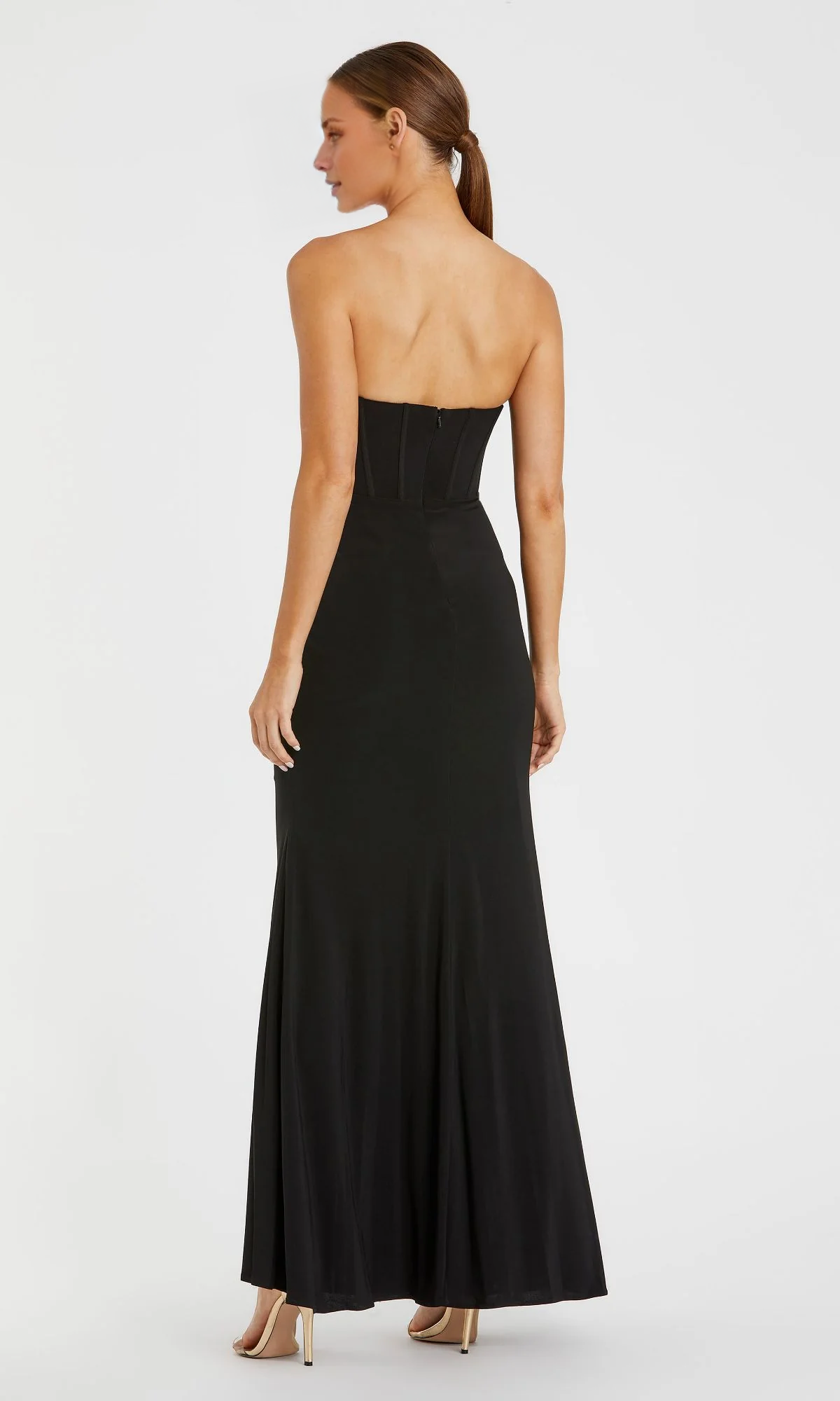Off shoulder collar sleeveless strapless backless and floor length evening dress