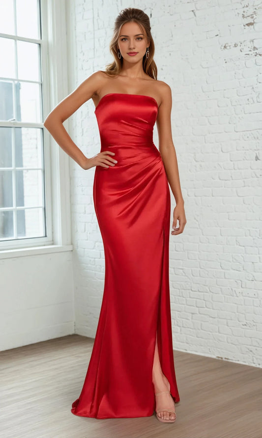 Off shoulder collar sleeveless strapless backless side slit and floor length evening dress